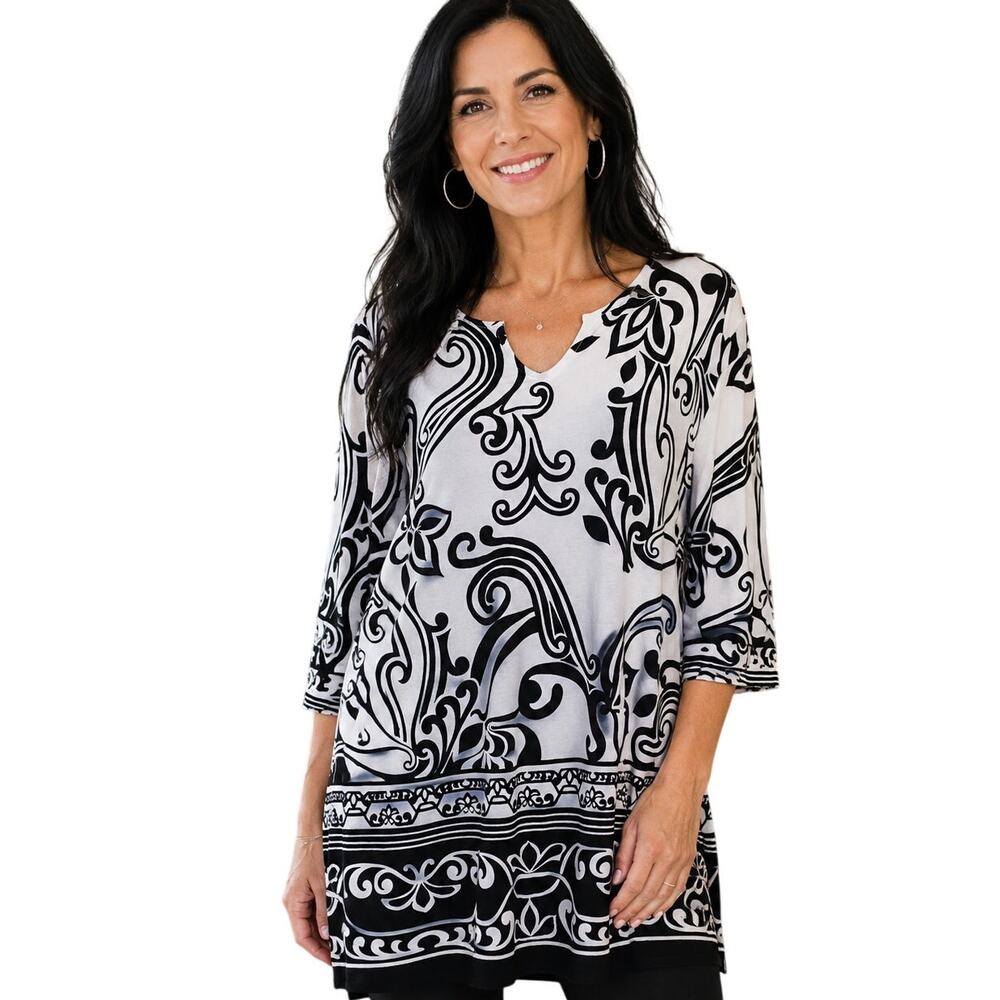 Chicos Black White Swirly Border Tunic Size 2 (Womens Large) Floral Longline Top